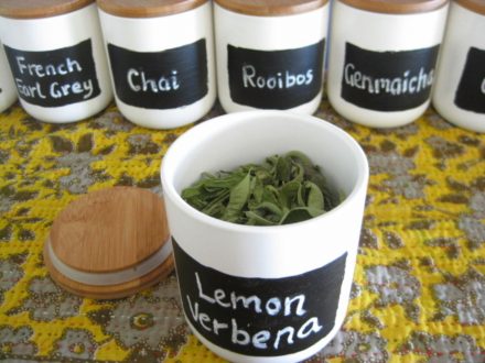 Homegrown Lemon Verbena Tea Stored In Repurposed Candle Canister